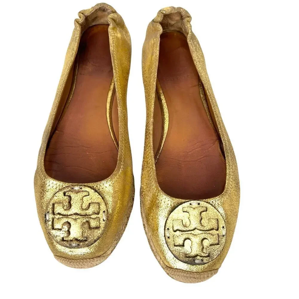 TORY BURCH The Reva Crackled Metallic Leather Espadrilles Women's Size 9.5 M